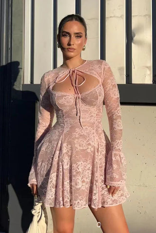 A-Line Contrast Lace Mini Dress w/ Detachable Shrug