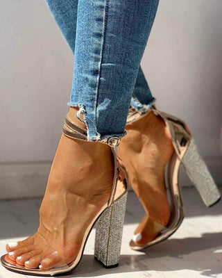 Ankle Strap Rhinestone Sandals, Sparkly Open Toe Block Heels