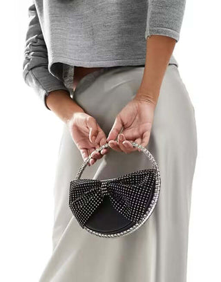 Round Rhinestone Bow Clutch Bag, Crystal Top Handle Purse
