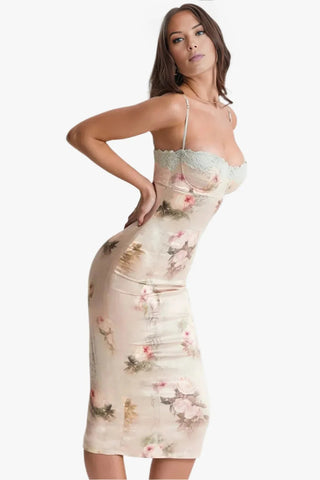 Sweetheart Floral Bodycon Dress, Lace Trim Midi Dress