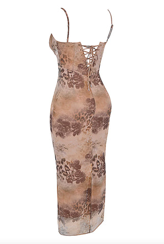 Leopard Print Lace Up Bodycon Maxi Dress