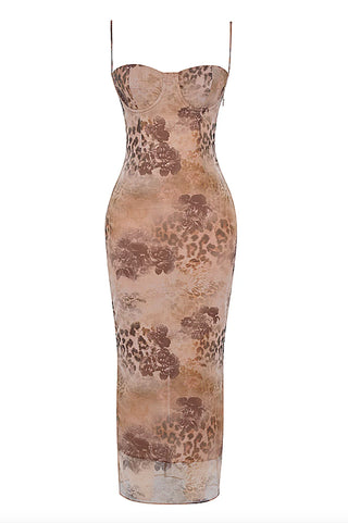 Leopard Print Lace Up Bodycon Maxi Dress