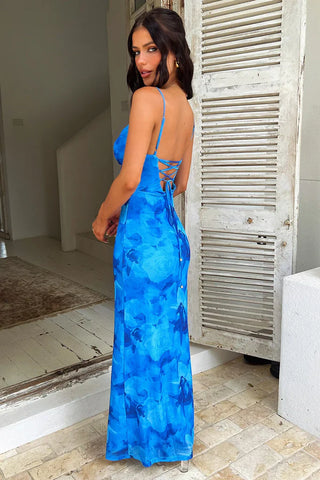 Lace Up Maxi Dress, Long Blue Bodycon Dress
