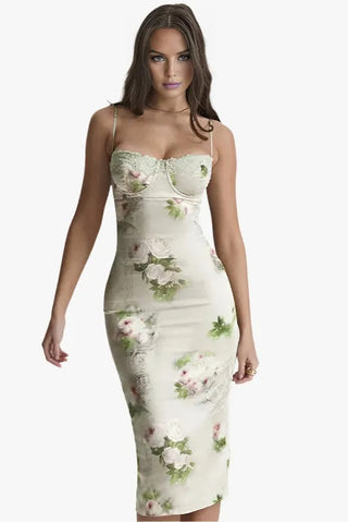 Sweetheart Floral Bodycon Dress, Lace Trim Midi Dress