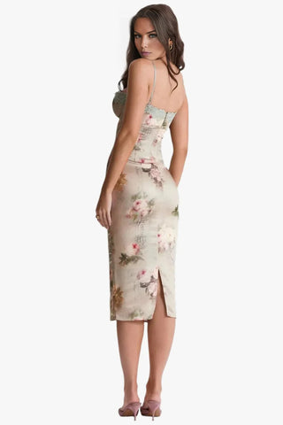 Sweetheart Floral Bodycon Dress, Lace Trim Midi Dress