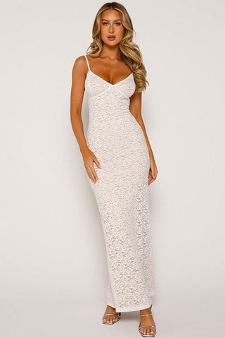 Spaghetti Straps Deep-V Contrast Lace Maxi Dress