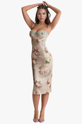 Sweetheart Floral Bodycon Dress, Lace Trim Midi Dress