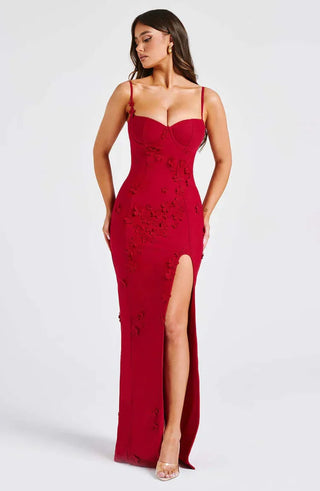 Floral Embroidered Maxi Dress, High Slit Dress