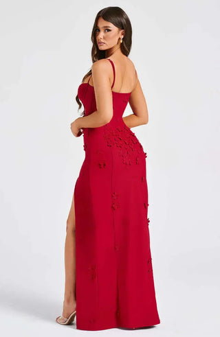 Floral Embroidered Maxi Dress, High Slit Dress
