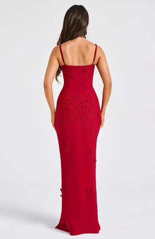 Floral Embroidered Maxi Dress, High Slit Dress