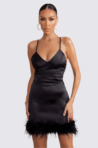 Fur Trim Satin Mini Dress