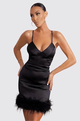 Fur Trim Satin Mini Dress