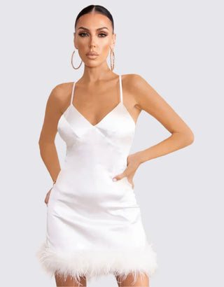Fur Trim Satin Mini Dress