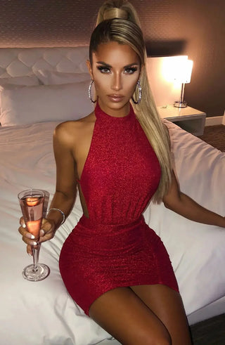Backless Halter Sparkly Mini Dress, Glitter Club Dress