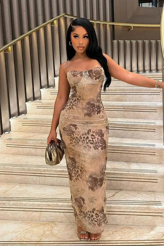Spaghetti Strap Leopard Print Bodycon Maxi Dress