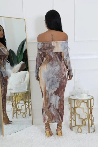 Tie dye Long Sleeve Off-Shoulder Maxi Dress