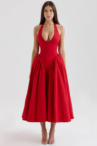 Tied Halter Dress with Pockets, Plunging Corset Midi Dress
