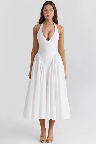 Tied Halter Dress with Pockets, Plunging Corset Midi Dress