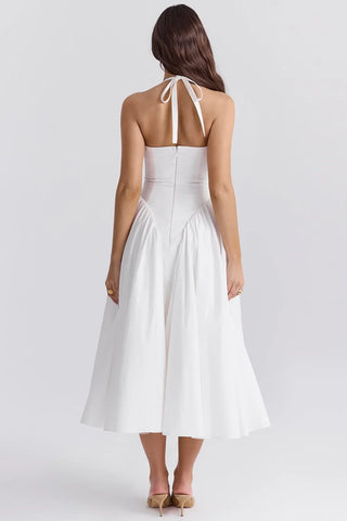 Tied Halter Dress with Pockets, Plunging Corset Midi Dress
