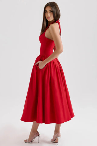 Tied Halter Dress with Pockets, Plunging Corset Midi Dress