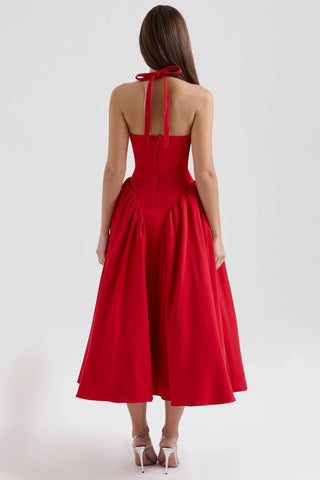 Tied Halter Dress with Pockets, Plunging Corset Midi Dress