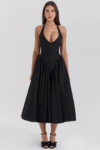Tied Halter Dress with Pockets, Plunging Corset Midi Dress