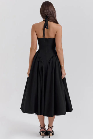 Tied Halter Dress with Pockets, Plunging Corset Midi Dress