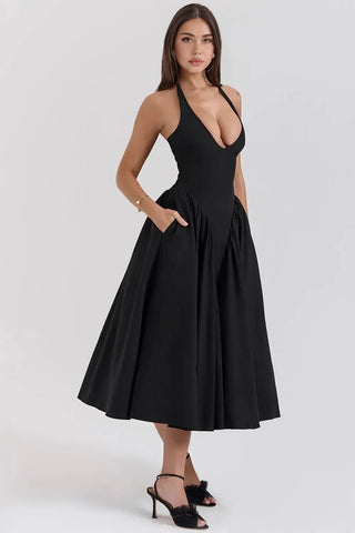 Tied Halter Dress with Pockets, Plunging Corset Midi Dressice