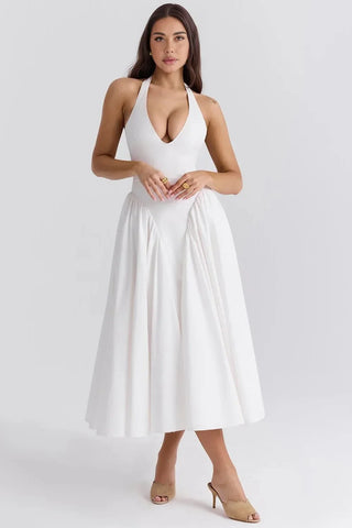 Tied Halter Dress with Pockets, Plunging Corset Midi Dress