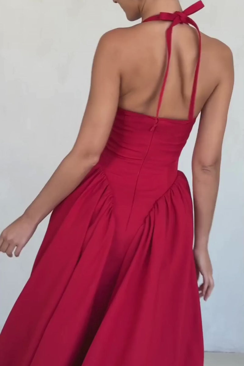 Tied Halter Dress with Pockets, Plunging Corset Midi Dress