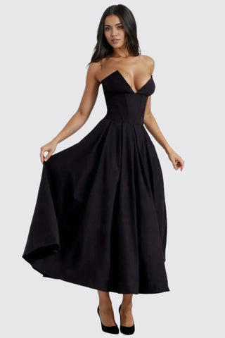 A-Line Strapless Corset Maxi Dress w/ Side Pockets