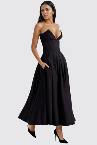 A-Line Deep-V Maxi Strapless Corset Dress with Pockets