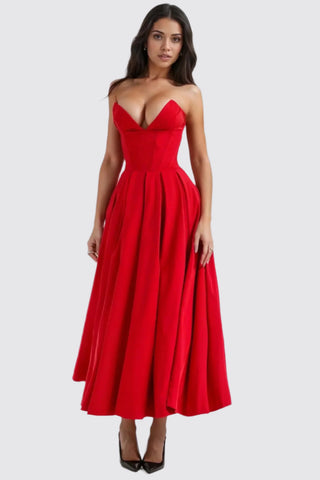 A-Line Deep-V Maxi Strapless Corset Dress with Pockets