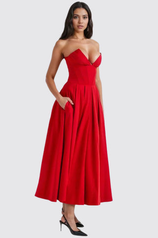 A-Line Strapless Corset Maxi Dress w/ Side Pockets